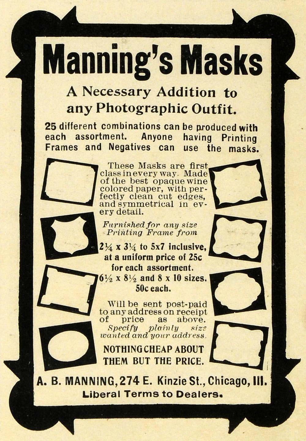 1901 Ad A B Manning Masks Photographic Outfit Printing Frames Negatives EM2
