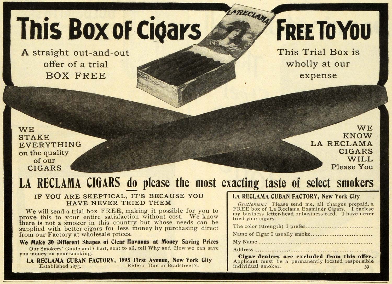 1905 Ad Cigar Trial Box La Reclama Cuban Establish 1875 1895 1 Ave New York EM2