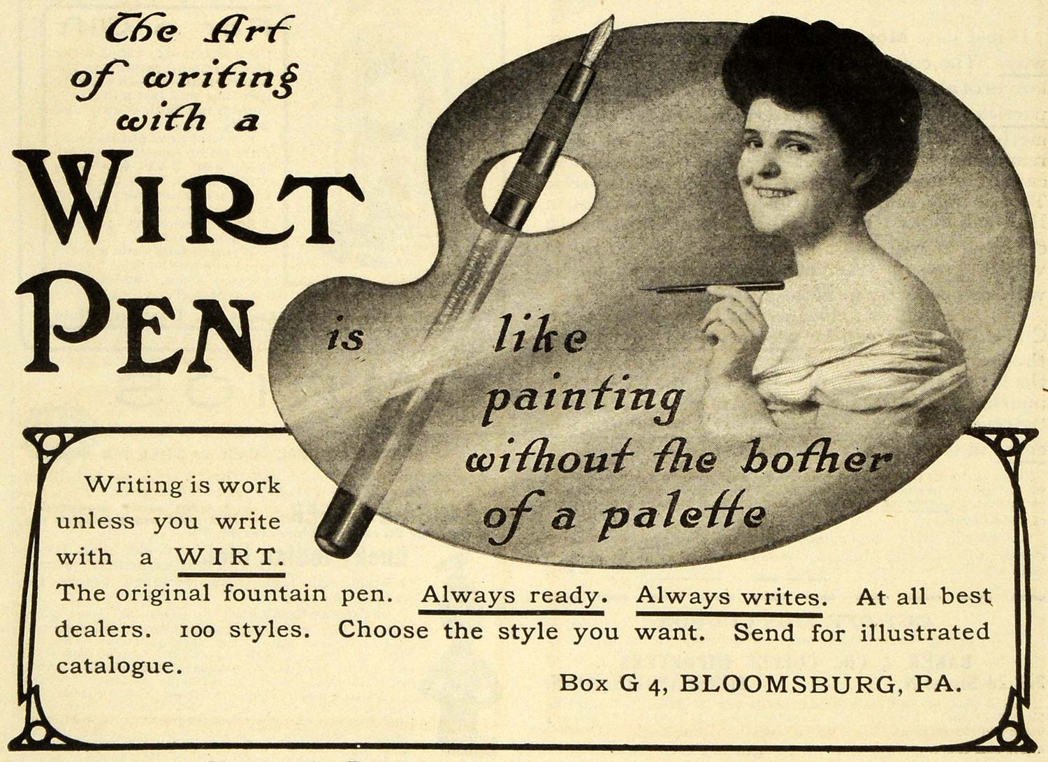 1905 Ad Paul Wirt Fountain Pen Painting Palette Bloomsburg Writing Tool Art EM2