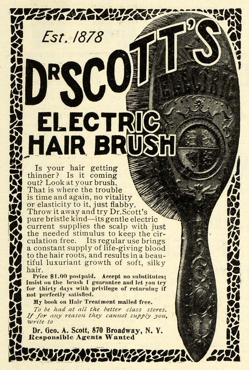 1905 Ad Dr Scotts Electric Hair Brush George A Scott Est 1878 Beauty Product EM2