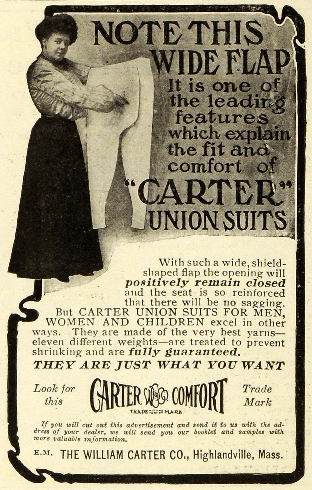 1905 Ad William Carter Comfort Union Suits Underwear Garment Clothing Pants EM2