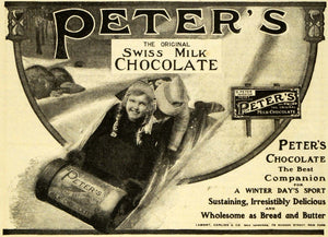 1906 Ad Children Sledding Peters Swiss Milk Chocolate Candy Winter Companion EM2