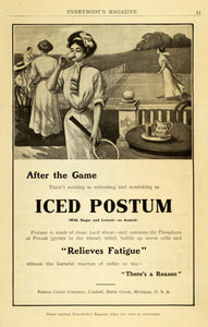 1909 Ad Iced Postum Coffee Caffeine Alternative Relieves Fatigue Female EM2