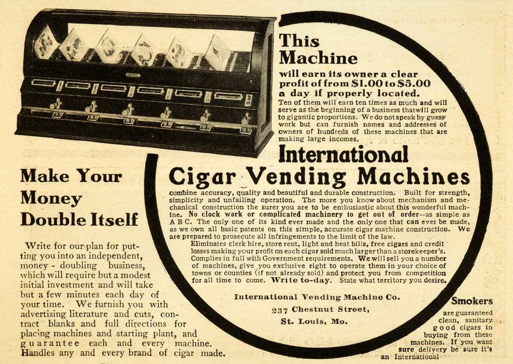 1909 Ad International Cigar Vending Machine Smoking Tobacco Smokers Missouri EM2