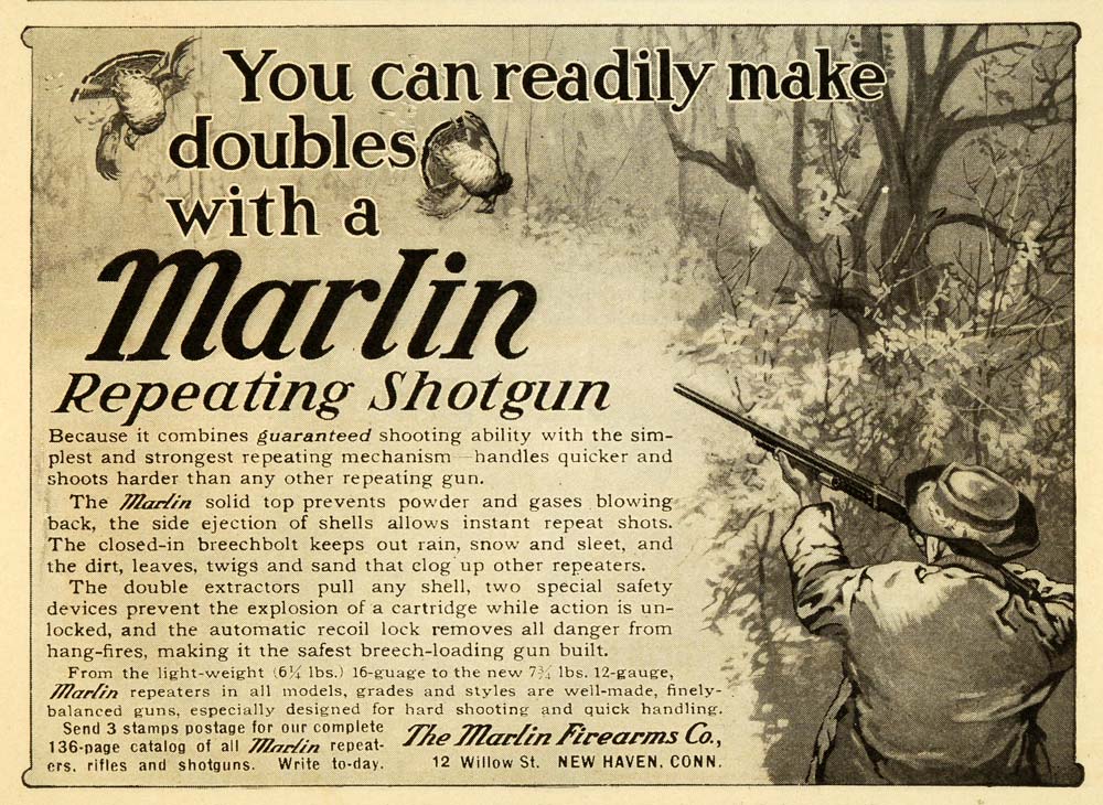 1909 Ad Antique Marlin Repeating Shotgun Bird Hunting Firearms Guns Auto EM2