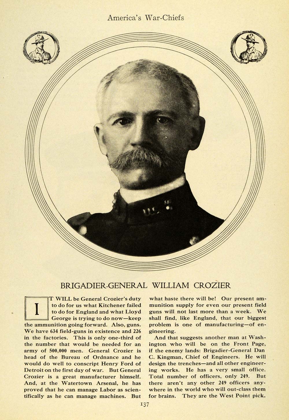 1915 Print U. S. Brigadier General William Crozier Military Artillery EM2