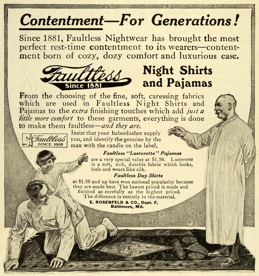1911 Ad Faultless Night Shirts Pajamas Men E. Rosenfeld Nightwear Baltimore EM2