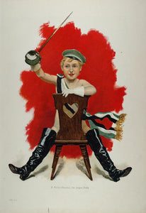 1900 Print Boy Playing Soldier Swords Boots VERY NICE - ORIGINAL