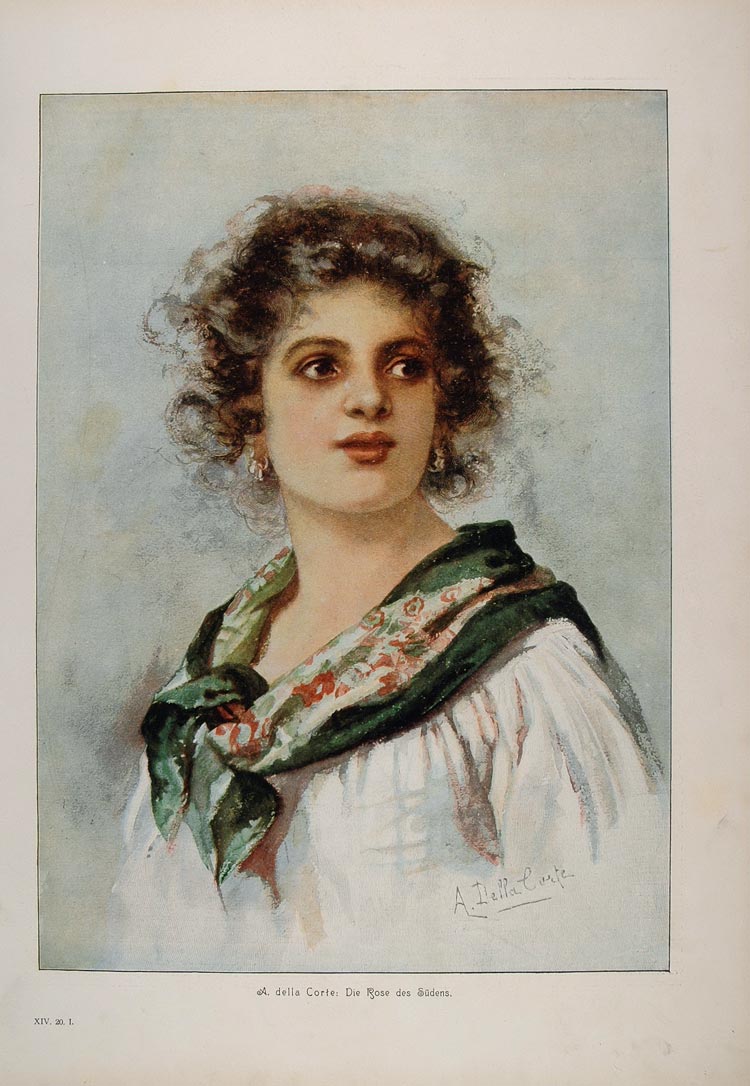 1900 Print Portrait Rose des Sudens Girl A. Della Corte - ORIGINAL