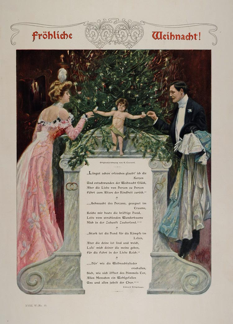 1904 Print Merry Christmas Victorian Lady Tree Cherub - ORIGINAL
