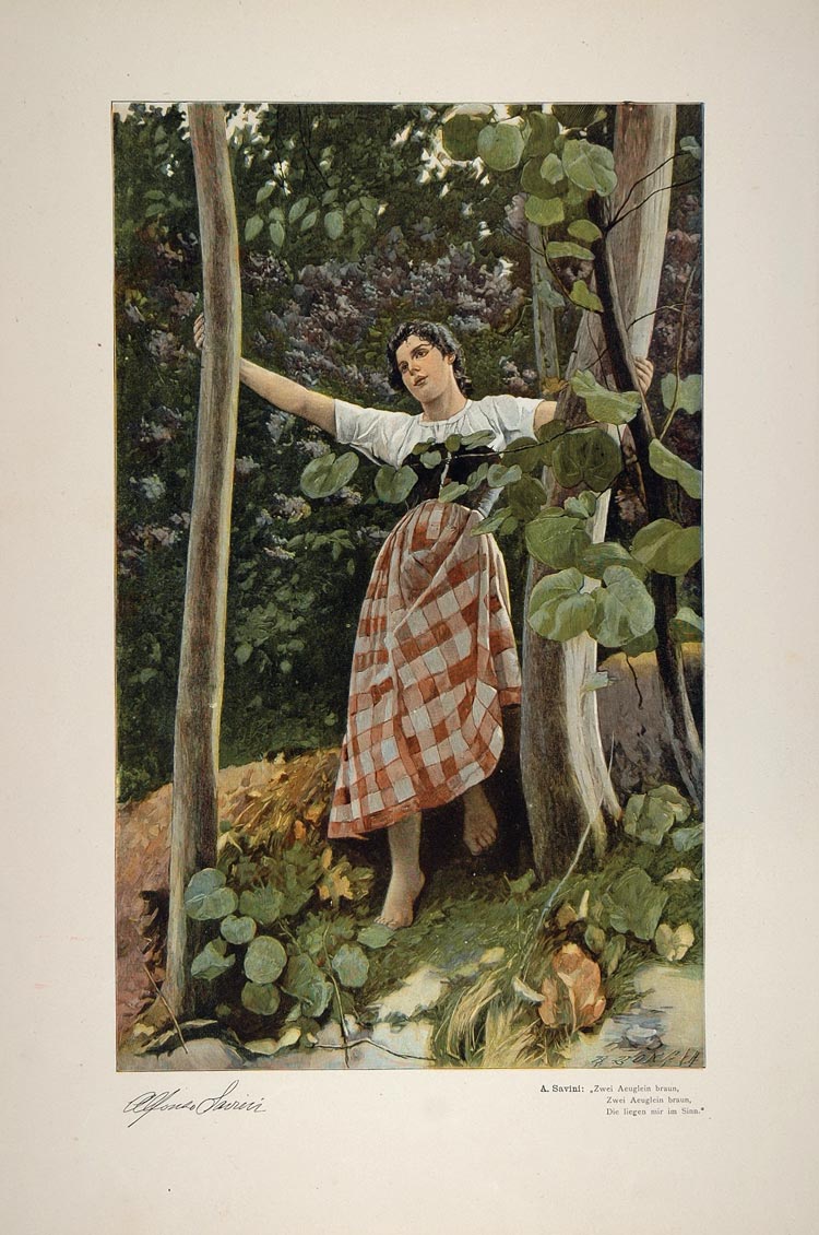 1899 Color Print Girl Costume Forest Alfonso Savini - ORIGINAL