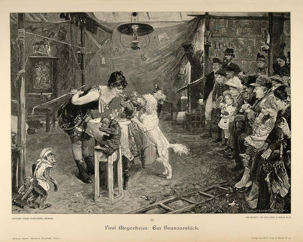 1894 Print Sideshow Tricks Dog Monkeys Paul Meyerheim - ORIGINAL