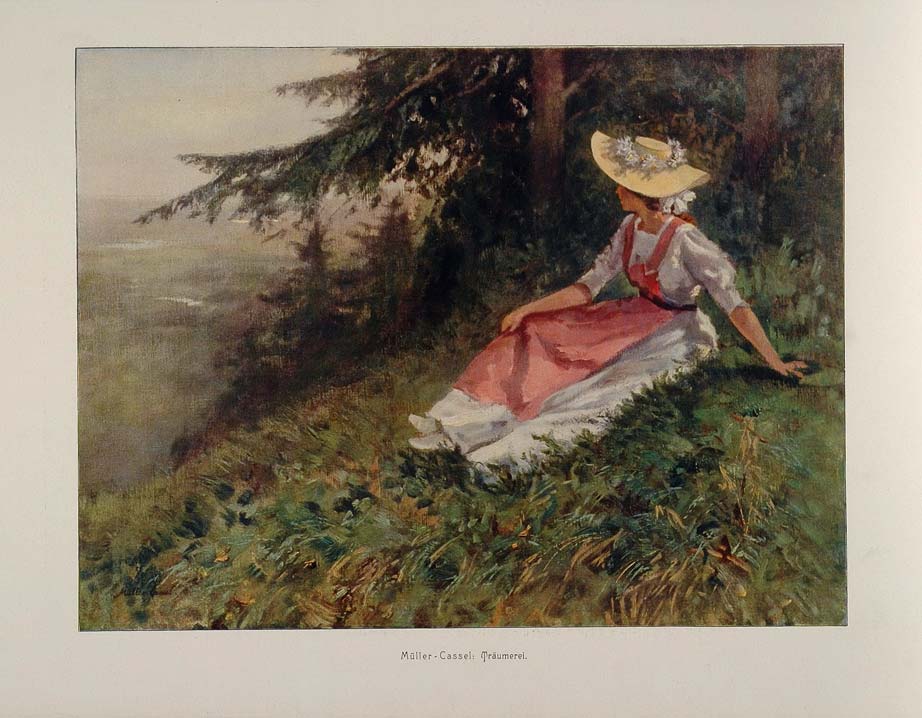 1912 Traumerei Girl Landscape Muller-Cassel Engraving - ORIGINAL