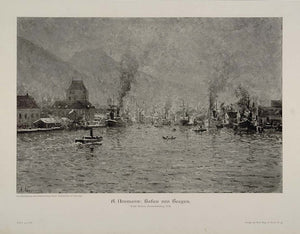 1912 Port Harbor Bergen Ships A. Normann Engraving - ORIGINAL