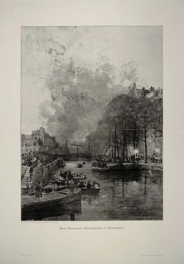 1912 Fire Firefighting Amsterdam Herrmann Engraving - ORIGINAL