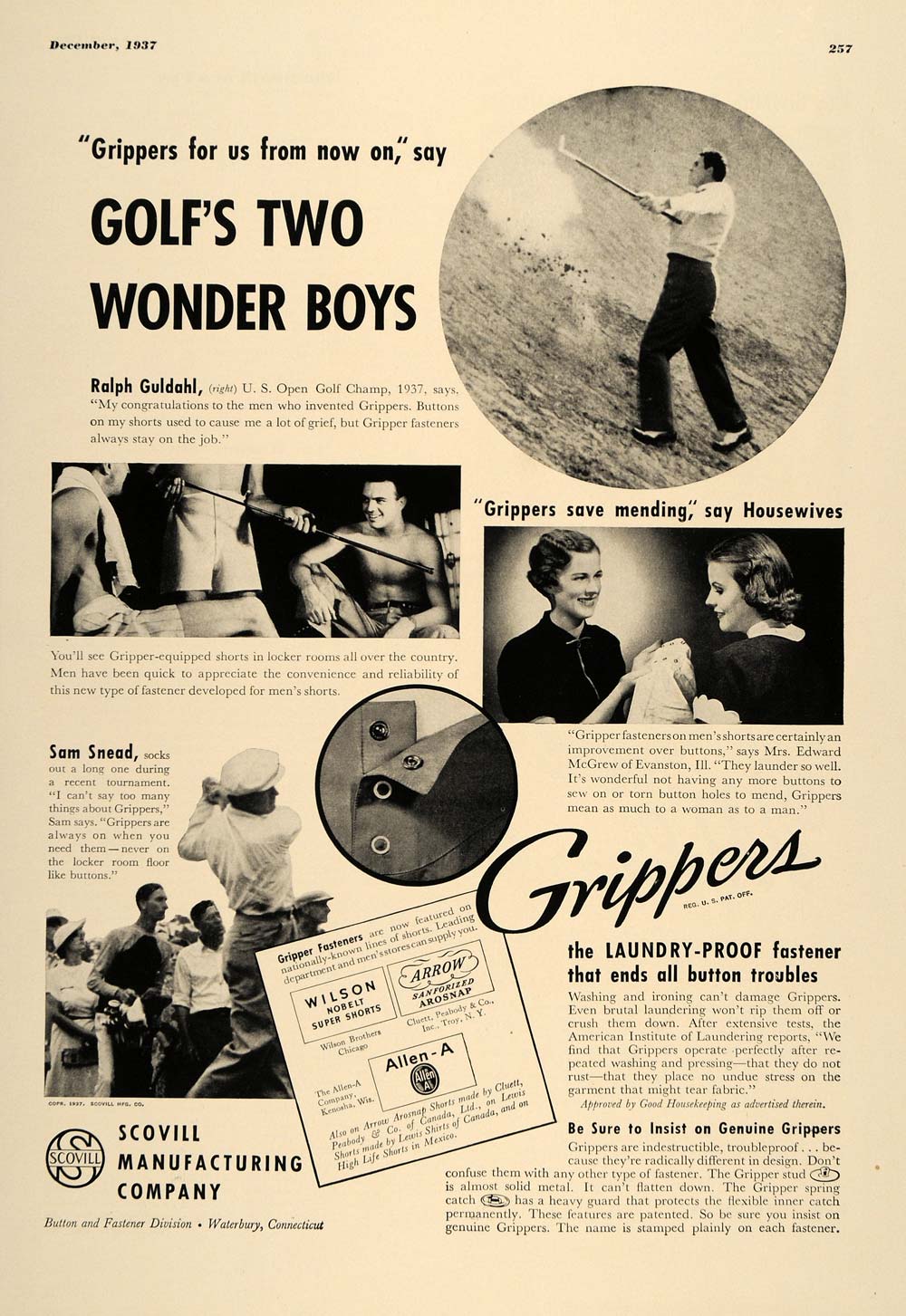 1937 Ad Gripper Fasteners Men's Golf Sam Snead Guldahl - ORIGINAL ESQ1