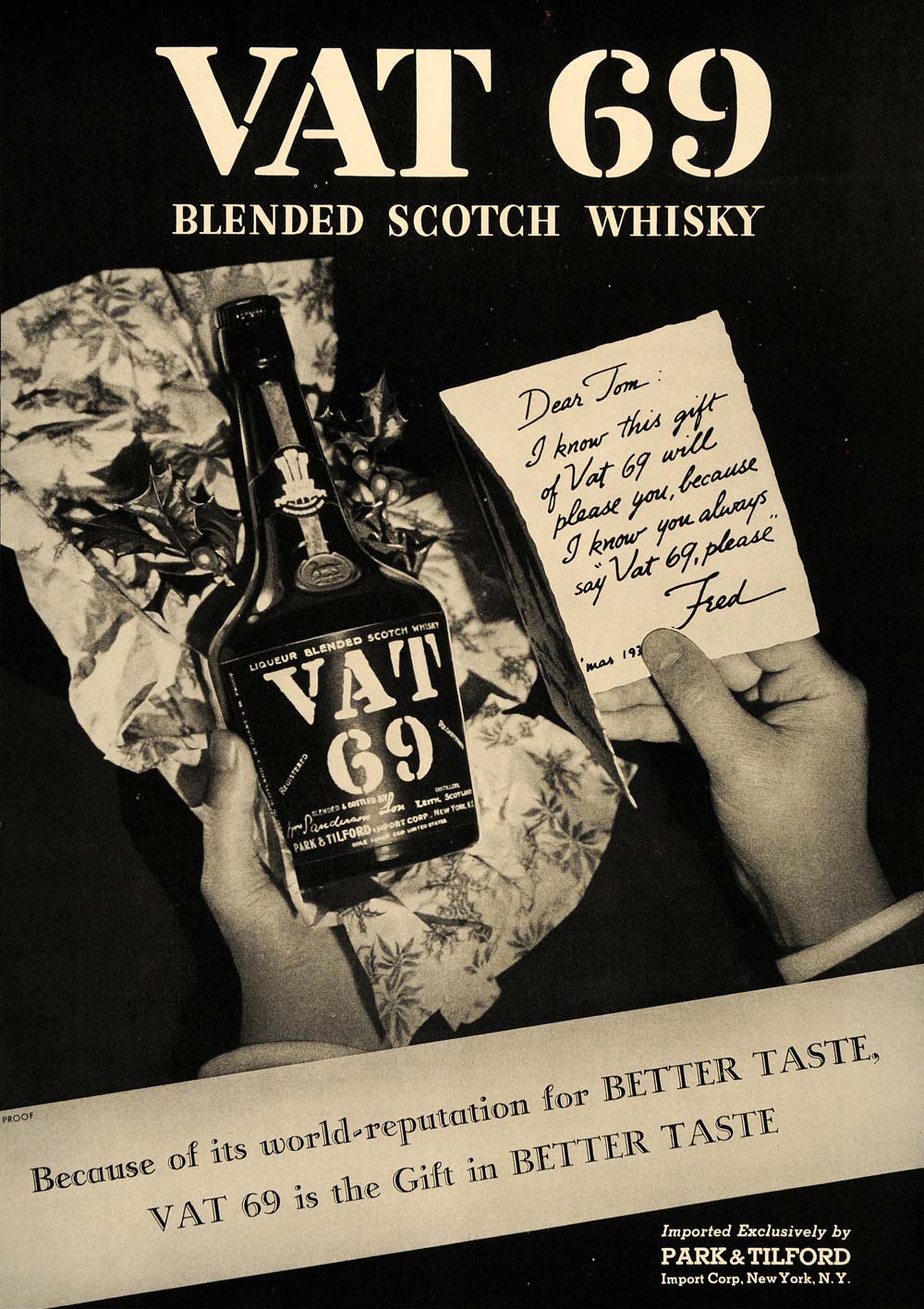 1937 Ad VAT 69 Scotch Whisky Fred Tom Park Tilford Gift - ORIGINAL ESQ1