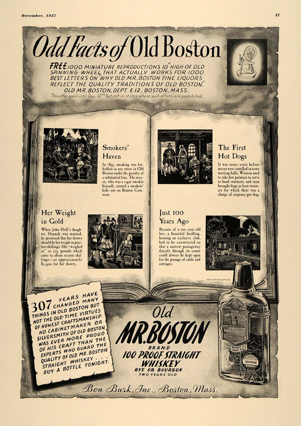 1937 Ad Old Mr. Boston Ben Burk Whiskey Hot Dogs Hannah - ORIGINAL ESQ1