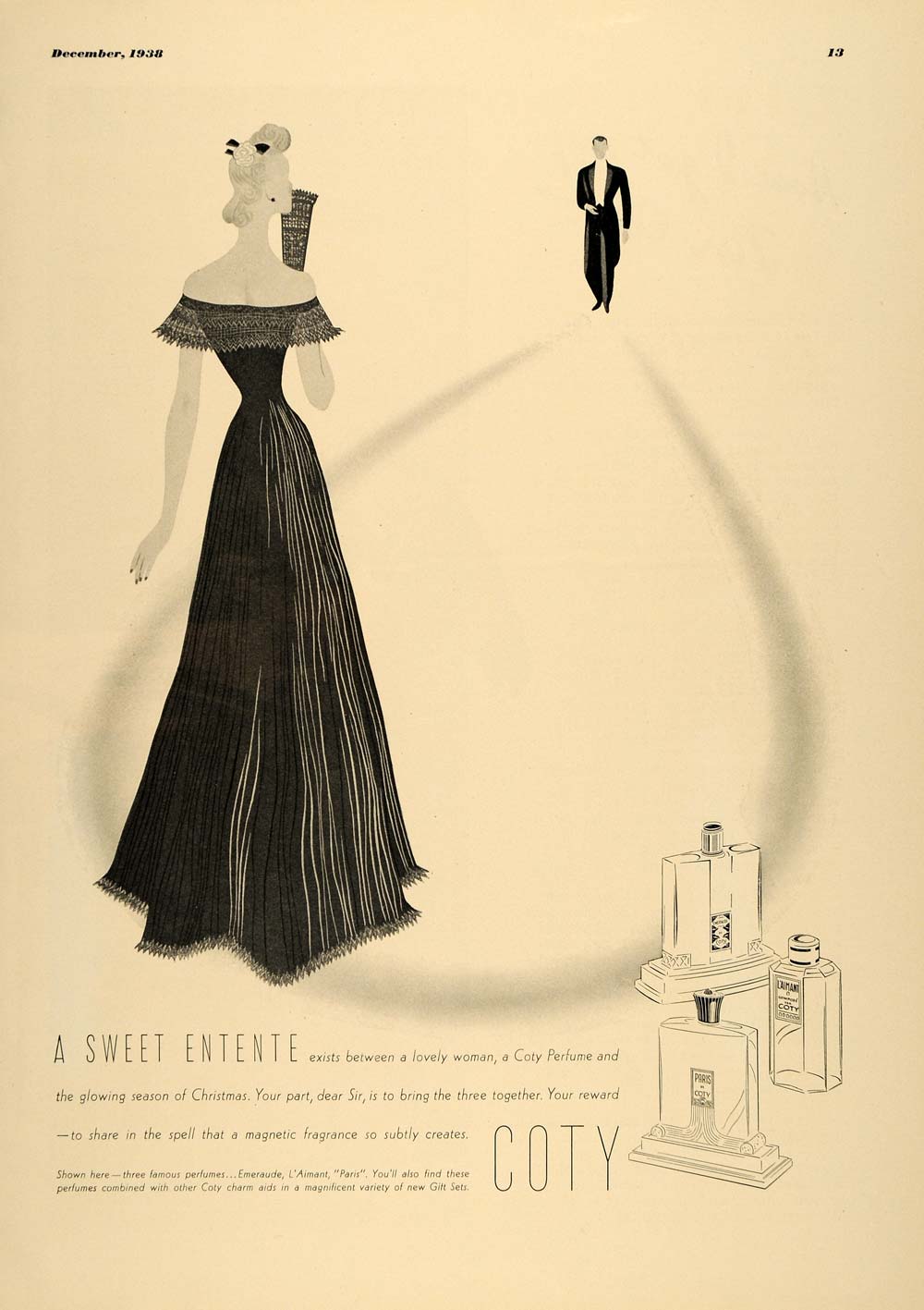 1938 Ad Coty Perfume Bottles Christmas Fancy Couple - ORIGINAL ADVERTISING ESQ1