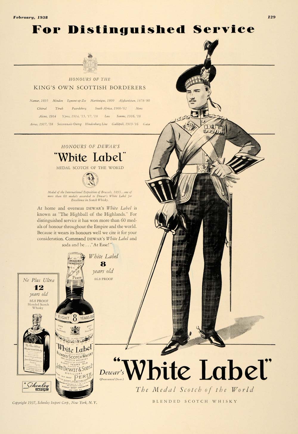 1938 Ad Dewar White Label Scotch Schnley Scotsman Award - ORIGINAL ESQ1