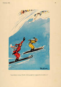 1938 Print Comical Downhill Snow Skiing Jumping Charlie - ORIGINAL ESQ1