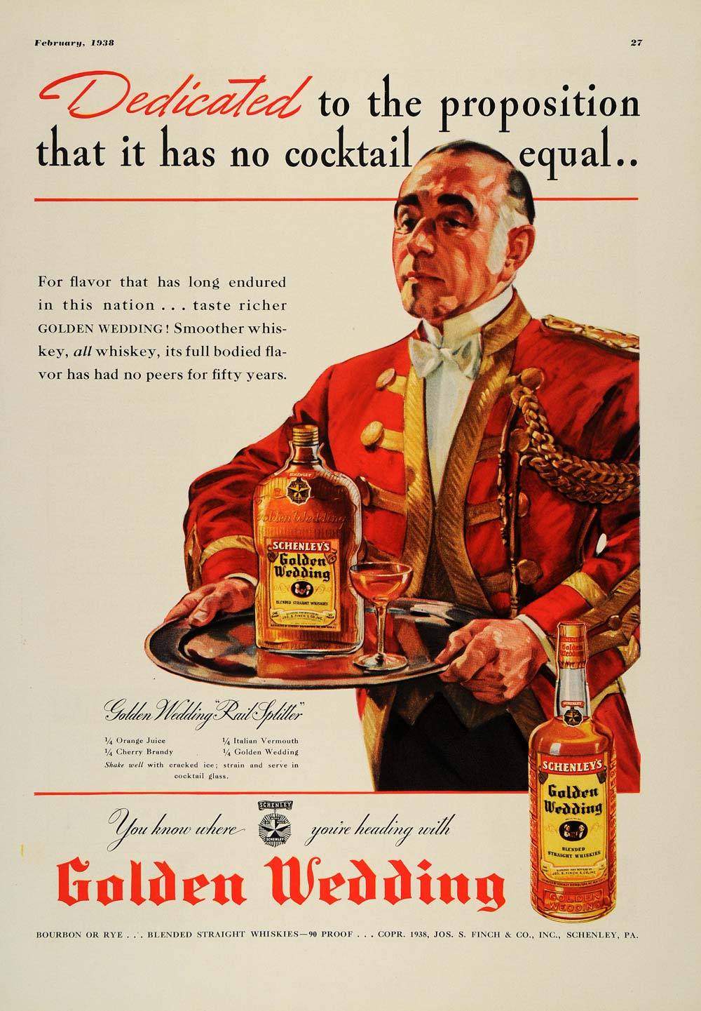1938 Ad Golden Wedding Rail Splitter Recipe Military - ORIGINAL ADVERTISING ESQ1