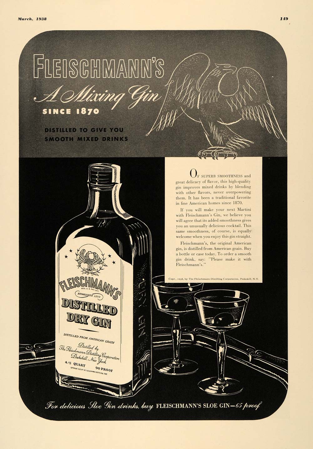 1938 Ad Fleischmann's Distilled Dry Sloe Gin Martinis ORIGINAL ESQ1 Period Paper Historic