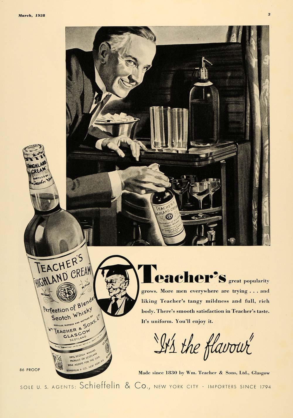 1938 Ad Schieffelin Teacher's Highland Cream Scotch - ORIGINAL ADVERTISING ESQ1