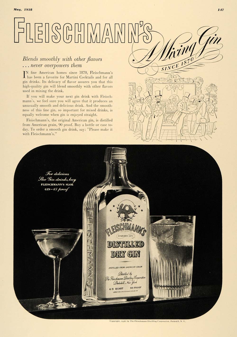 1938 Ad Fleischmann's Dry Gin Sloe Drinks Martini Proof - ORIGINAL ESQ1