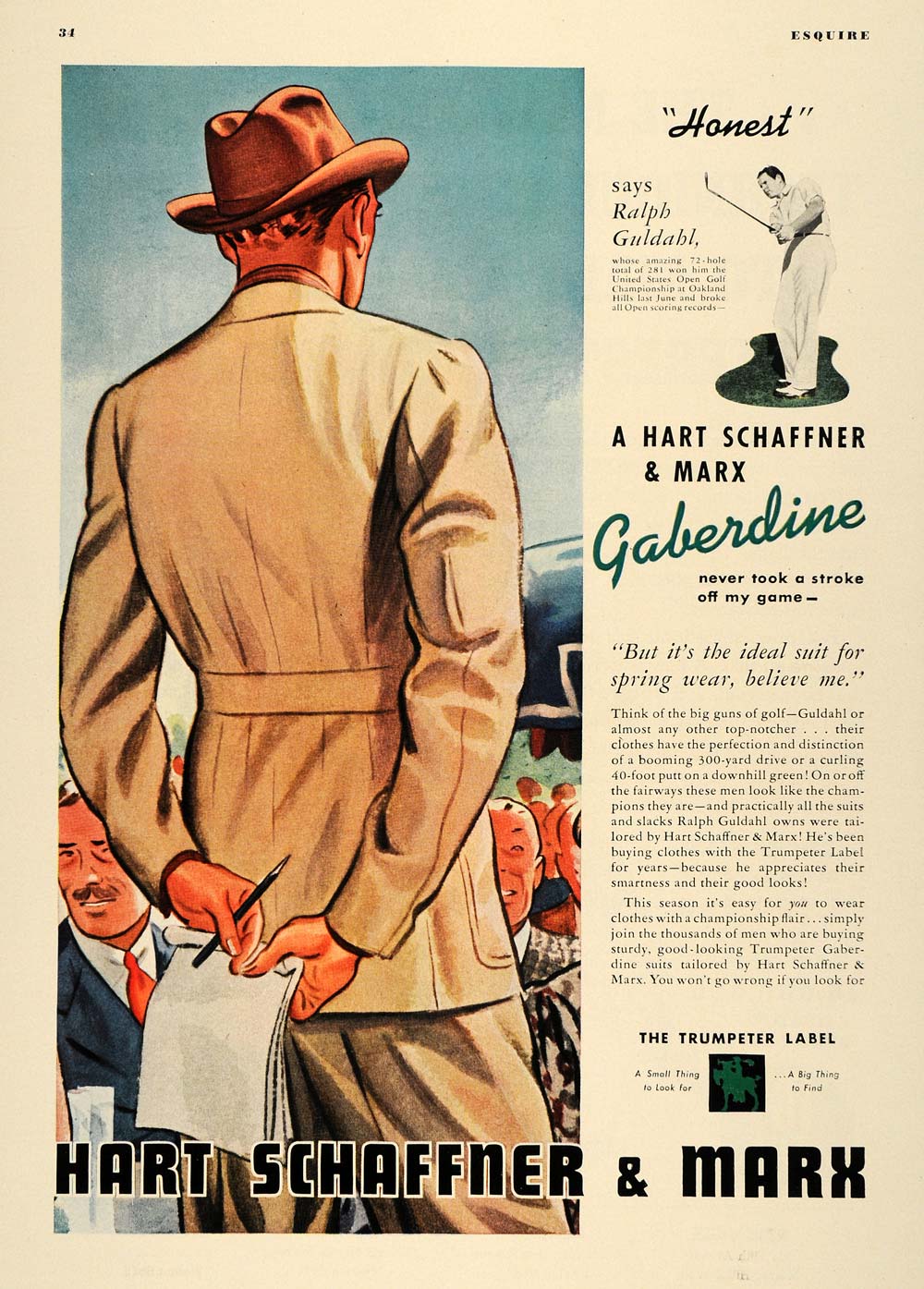 1938 Ad Guldahl Golfer Gaberdine Hart Schaffner Marx - ORIGINAL ADVERTISING ESQ1