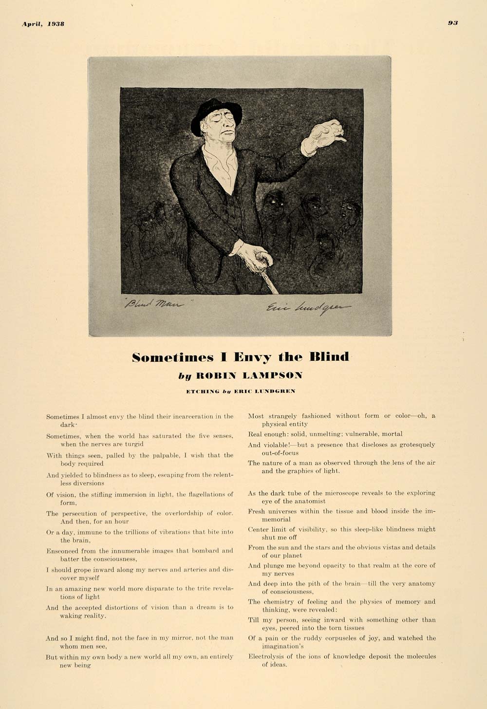1938 Print Blind Man Poem Robin Lampson Eric Lundgren - ORIGINAL HISTORIC ESQ1