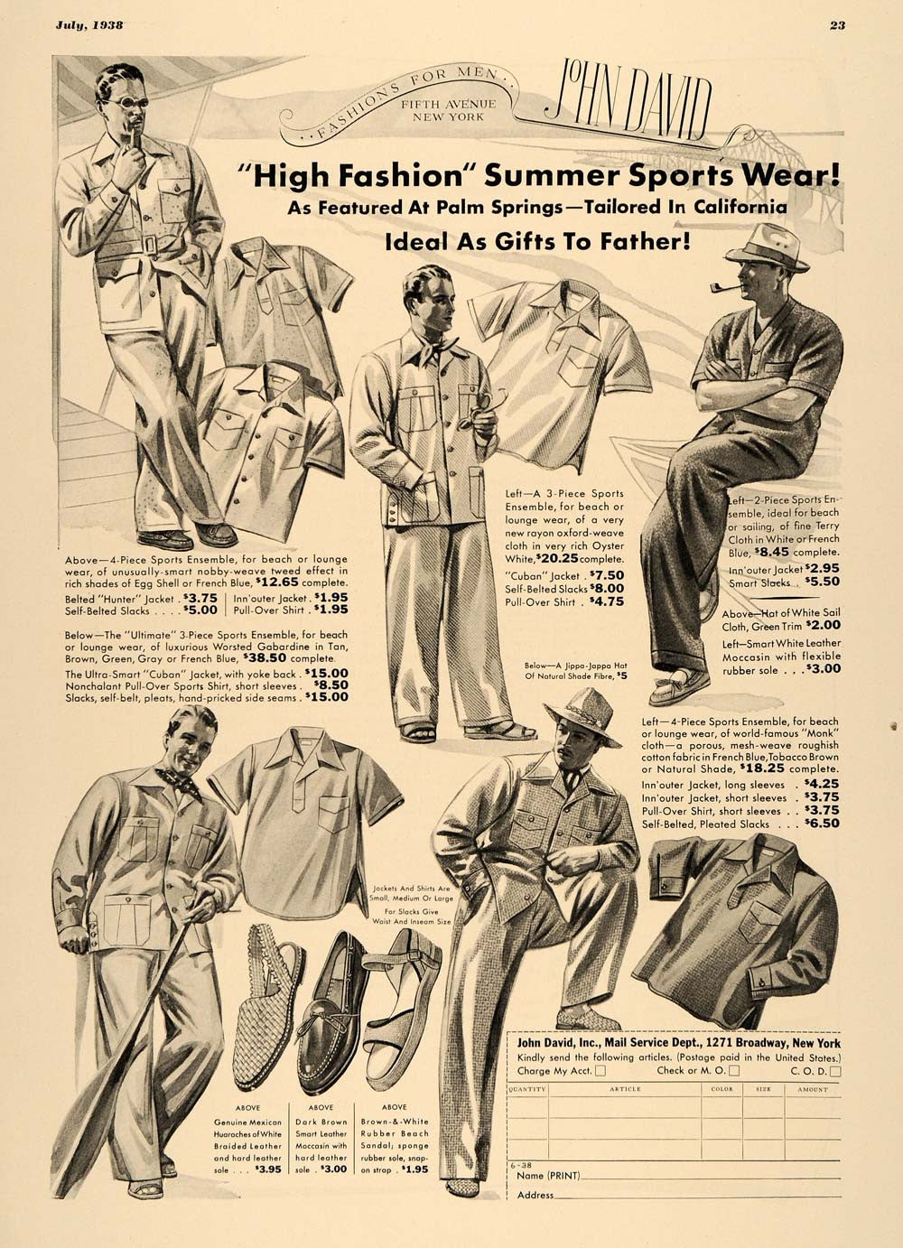 1938 Ad John David Palm Springs Men's Fashion Father - ORIGINAL