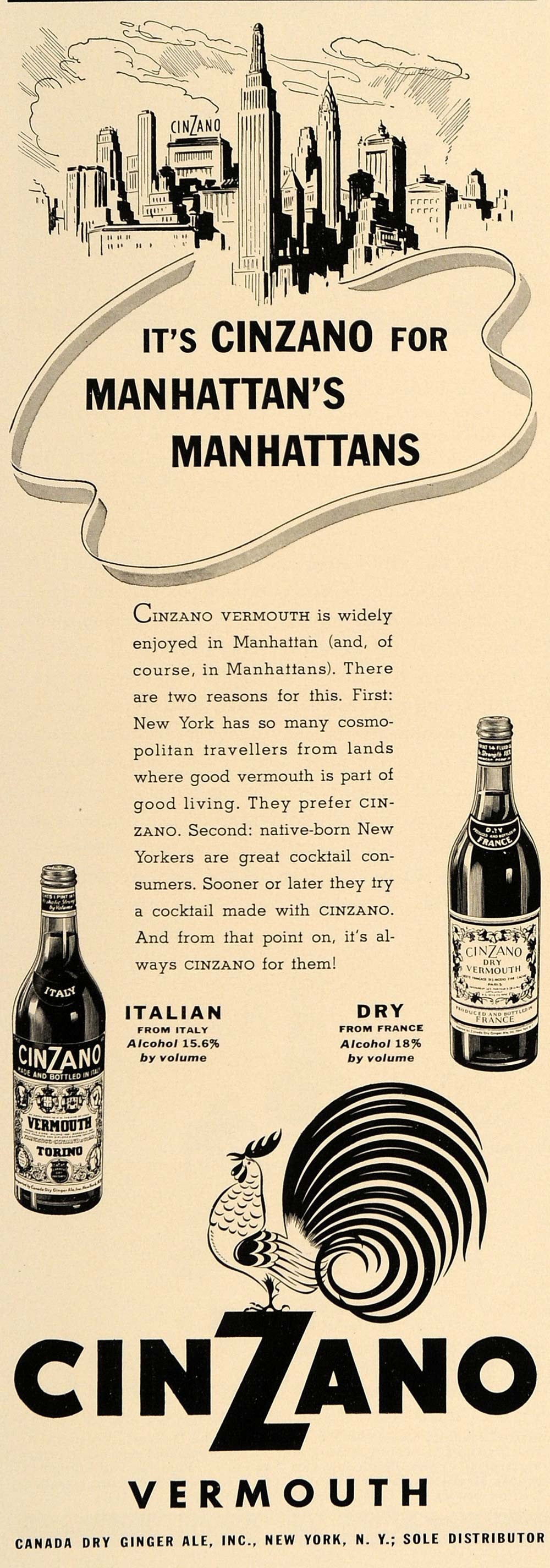 1937 Ad Cinzano Italian Dry Vermouth Manhattan Cocktail - ORIGINAL ESQ1