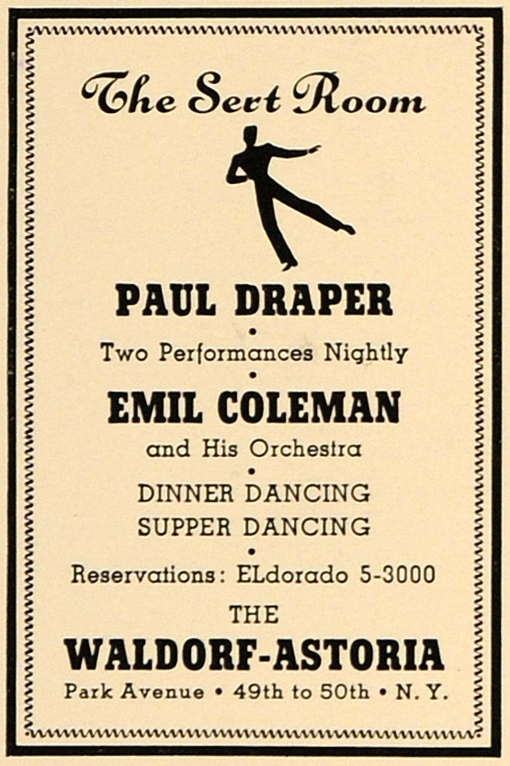 1938 Ad Waldorf-Astoria Hotel Paul Draper Emil Coleman - ORIGINAL ESQ1