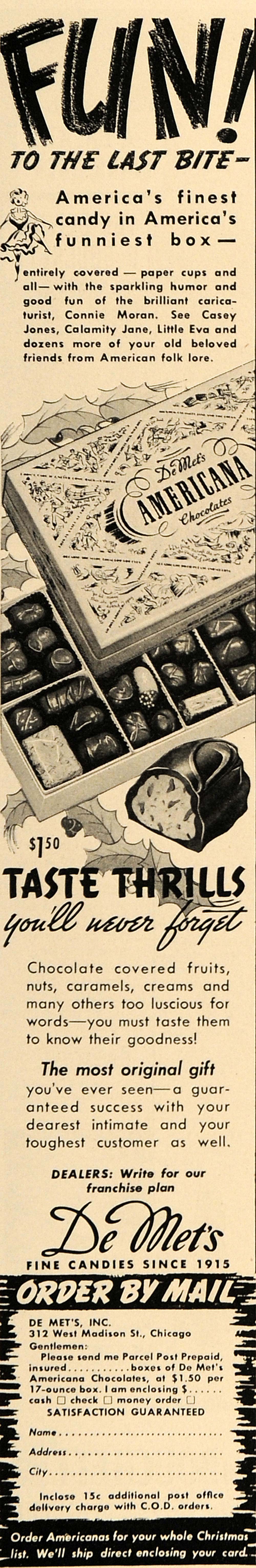 1938 Ad De Mets Inc Americana Chocolate Christmas Candy - ORIGINAL ESQ1