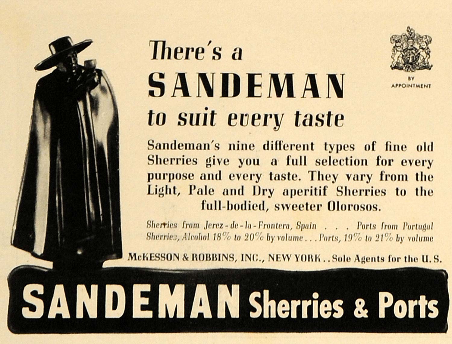 1938 Ad Sandeman Sherries & Port Mckesson & Robbins - ORIGINAL ADVERTISING ESQ1