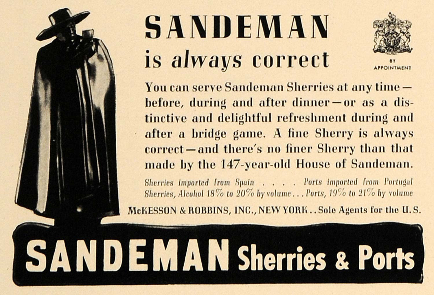 1938 Ad Sandeman Sherries & Port Mckesson & Robbins - ORIGINAL ADVERTISING ESQ1 - Period Paper
