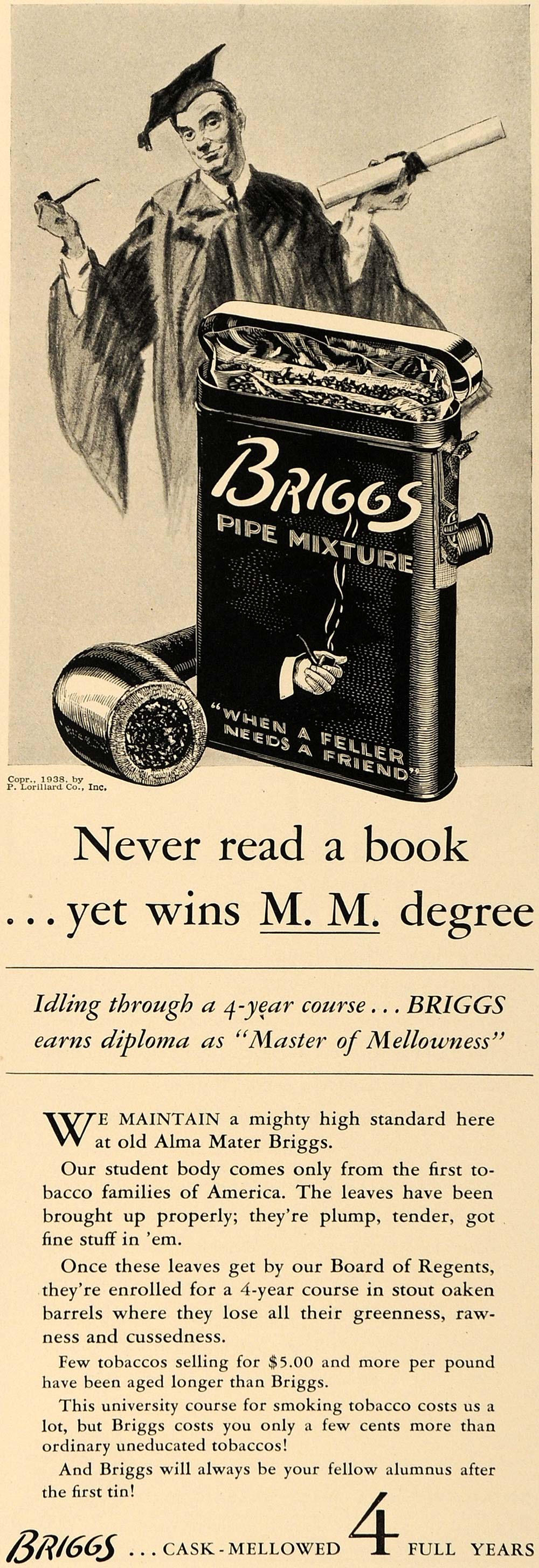 briggs tobacco tin 1938 Ad P Lorillard Briggs Pipe Tobacco Smoking Mixture Graduate Student ESQ1 briggs tobacco tin 1938 Ad P Lorillard Briggs Pipe Tobacco Smoking Mixture Graduate Student ESQ1