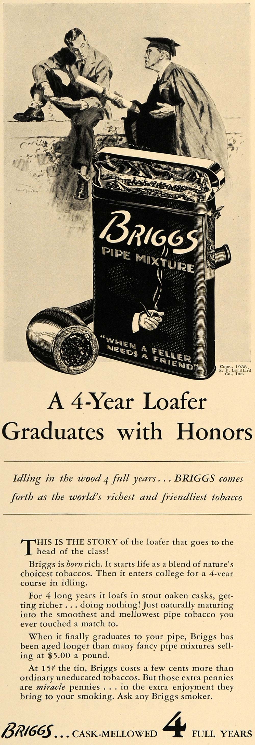 1938 Ad P. Lorillard Briggs Pipe Tobacco Mixture Graduation Student Smoker ESQ1