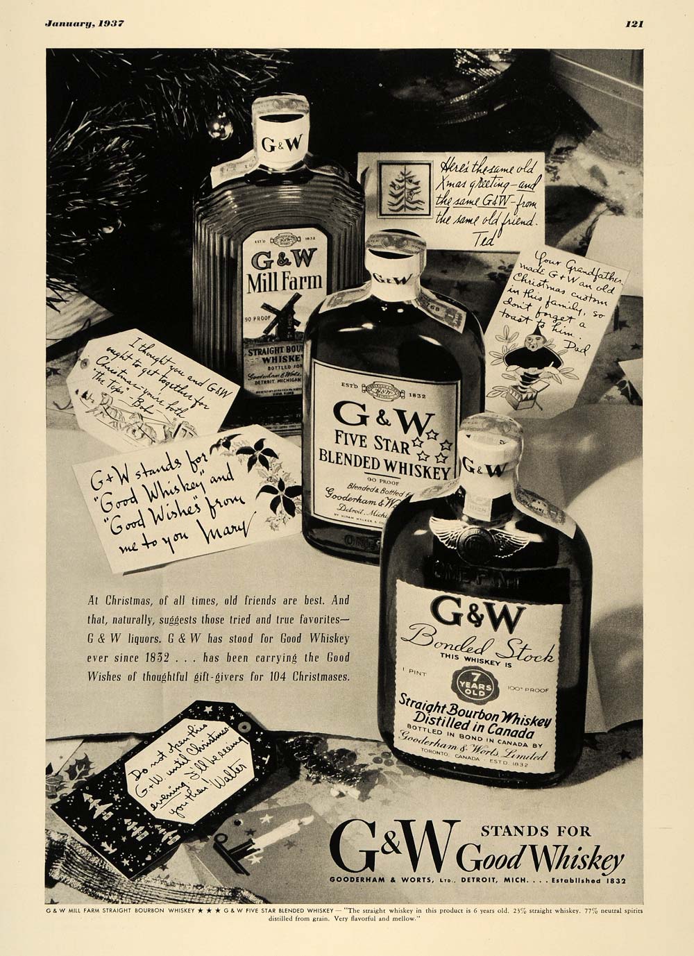 1937 Ad G & W Good Whiskey Bourbon Blended Mill Farm - ORIGINAL ADVERTISING ESQ1