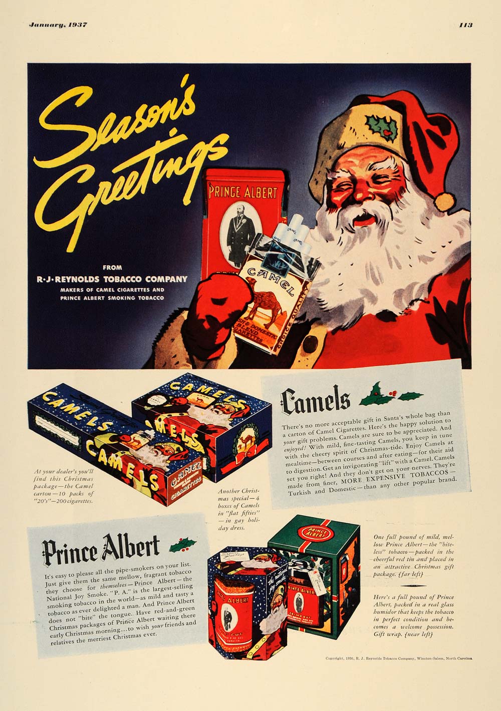 1937 Ad Santa Camel Prince Albert Cigarettes Tobacco - ORIGINAL ADVERTISING ESQ1