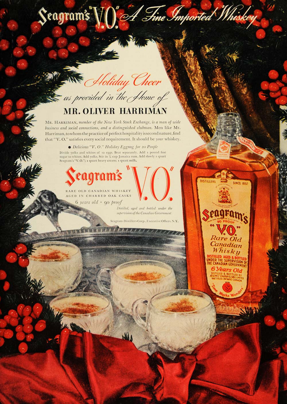 1937 Ad Seagrams V.O. Canadian Whiskey Holiday Eggnog - ORIGINAL