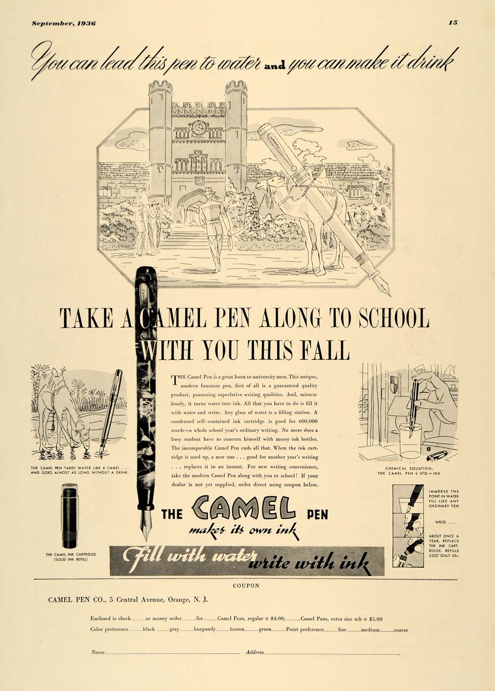 1936 Ad Camel Pens School Water Ink Fountain Cartridge - ORIGINAL ESQ1