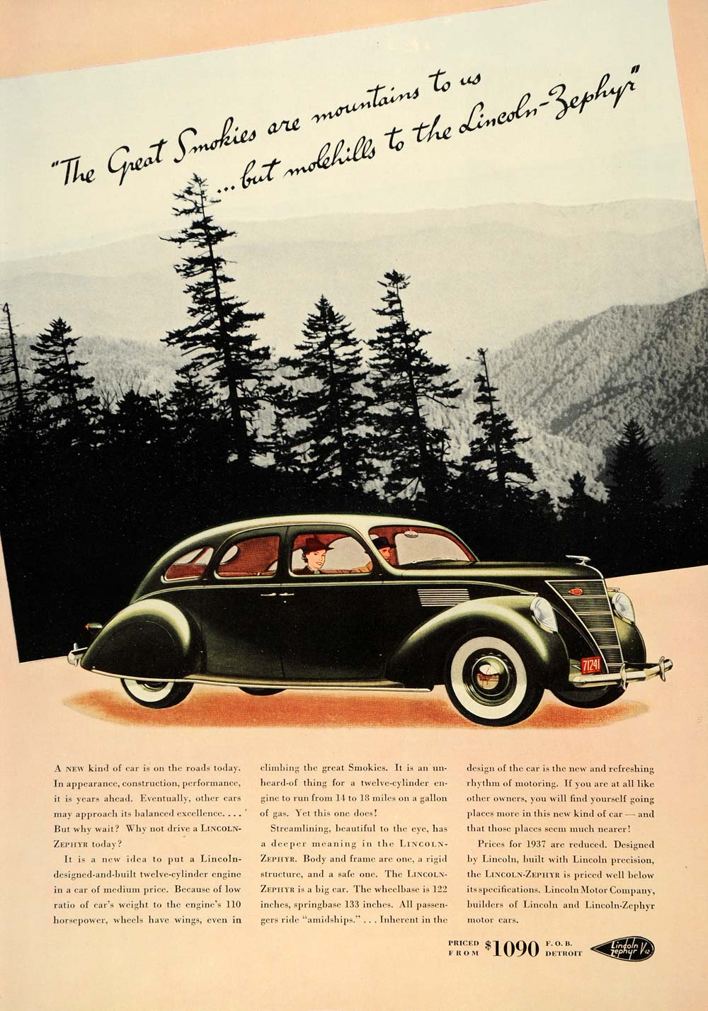 1936 Ad Lincoln Motorcars 1937 Zephyr Model Mountains - ORIGINAL ESQ1