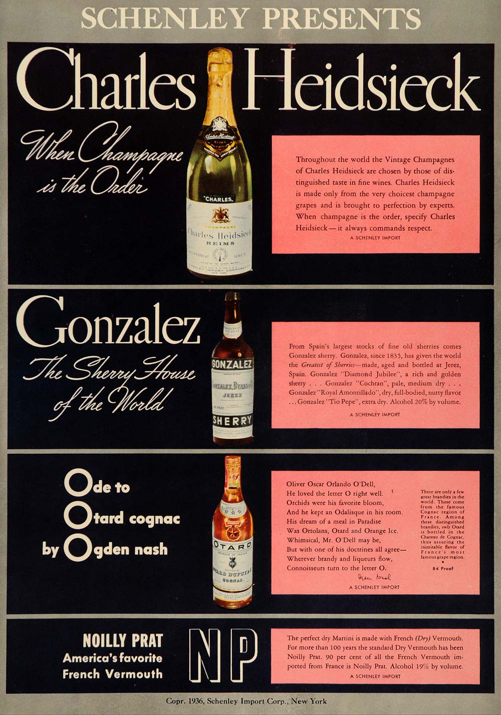 1936 Ad Schenley Charles Heidsieck Gonzalez Otard Drink - ORIGINAL ESQ1