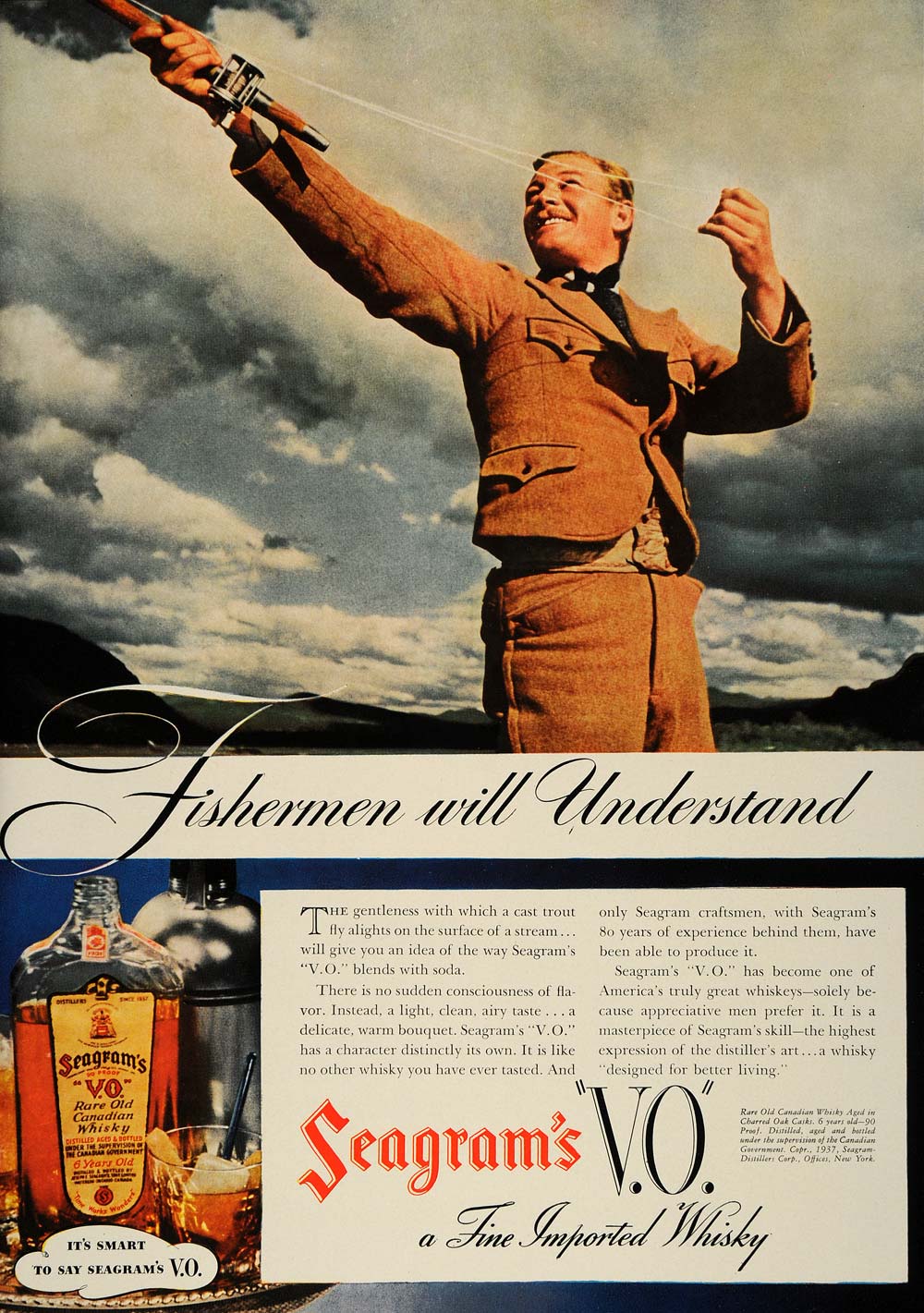 1937 Ad Seagram's V. O. Canada Whisky Fisherman Casting - ORIGINAL ESQ1