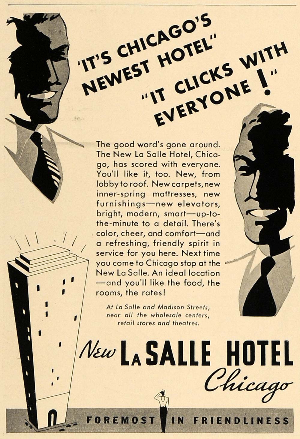 1936 Ad La Salle Hotel Friendliness Elevator Mattress - ORIGINAL ESQ1