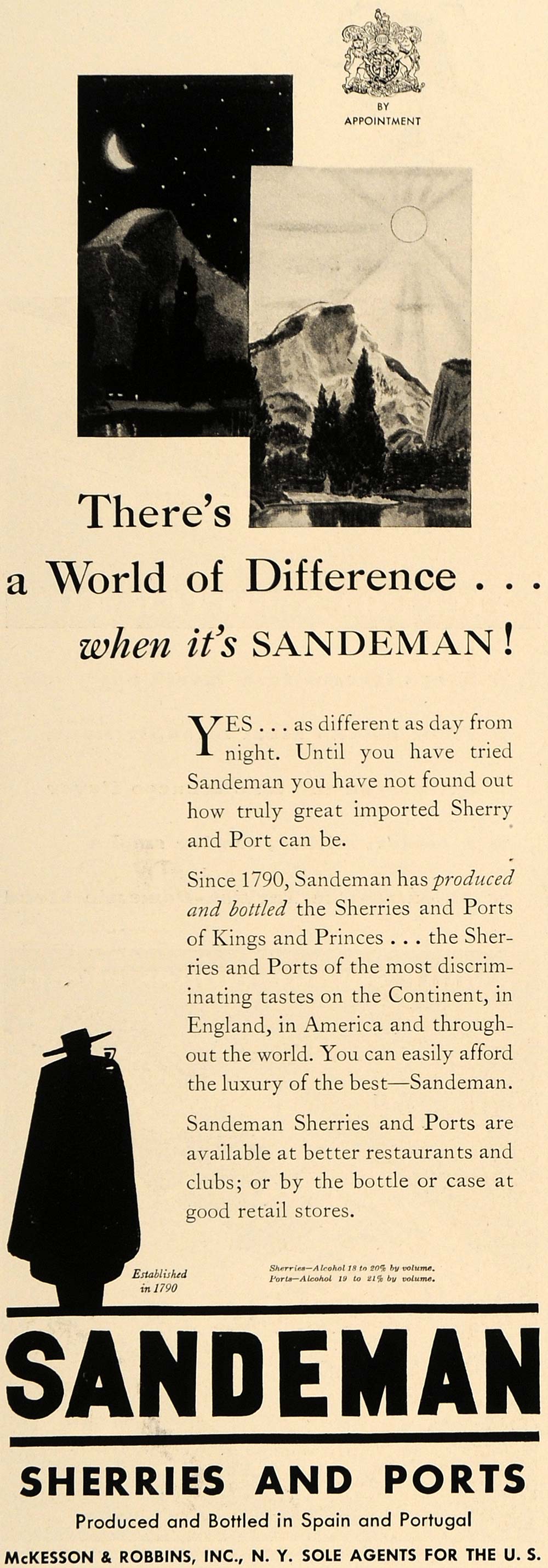 1937 Ad Sandeman Sherry Port McKesson Robbins Spain - ORIGINAL ADVERTISING ESQ1