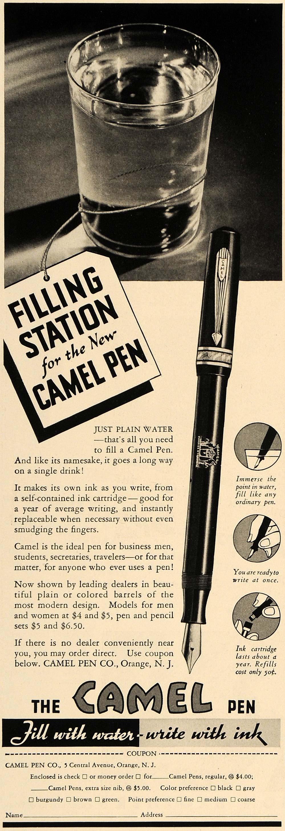 1937 Ad Camel Pen Water Ink Writing Typing Orange Paper - ORIGINAL ESQ1