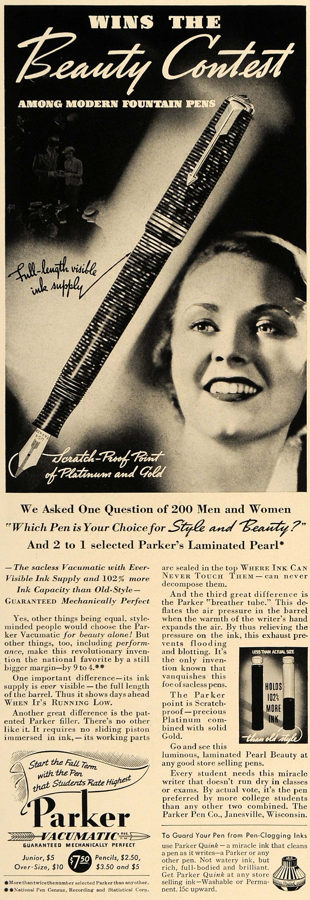 1936 Ad Parker Vacumatic Pen Ink Beauty Contest Writing - ORIGINAL ESQ1